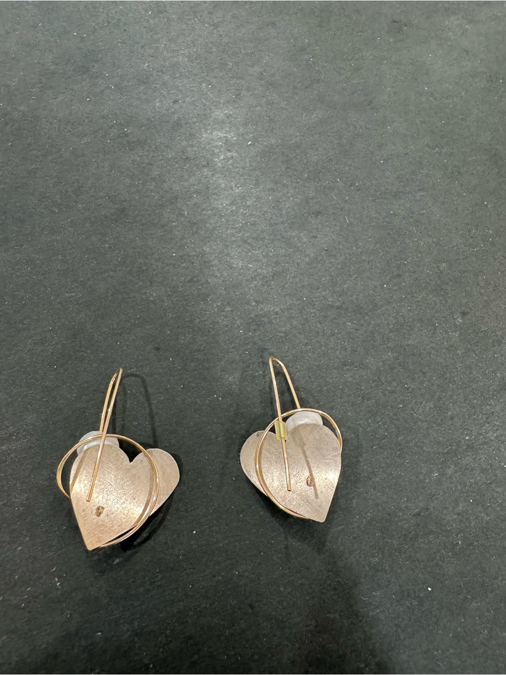 Handcrafted Gold Heart Drop Earrings with Pearl and Crystal. Alice Kline - Picture 3 of 3